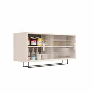 Imagem de Armário de parede de madeira maciça com portas de vidro temperado – Armazenamento versátil para jantar, cozinha e banheiro – Design simples para quarto e restaurante – Organizador elegante montado na