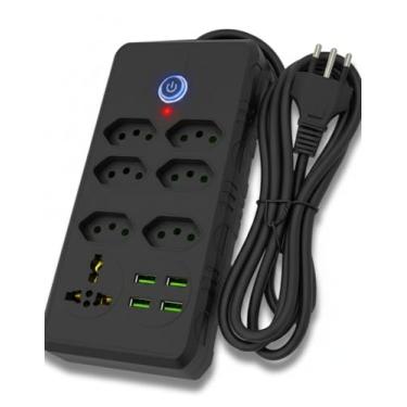 Imagem de Filtro de Linha Extensão Elétrica 6 Tomadas + 4 USB 3.4A com Tomada Universal, Cabo 1,9m, Potência 2500W, Protetor de Surtos e Raios, Régua de Energia Preta para Home Office, Gamer e Escritório