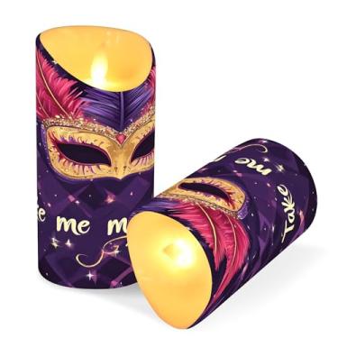 Imagem de SEHANY Máscara de carnaval velas sem chamas com controle remoto e temporizador, 2 peças de velas de pilar de LED cintilantes operadas por bateria para decoração de festa de casamento, dia dos