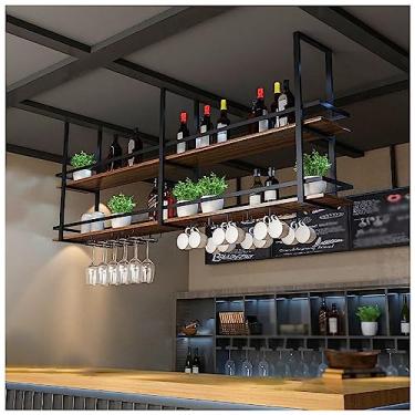 Imagem de Rack de vinho suspenso industrial com suporte de vidro e prateleira, barra de teto de metal, suporte de vidro de vinho, suporte de teto de 2 camadas (cor: preto, tamanho: 100 x 30 x 80 cm)