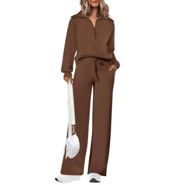 Imagem de Conjunto de Moletom PRETTYGARDEN com Zíper 1/2 e Calça Palazzo Marrom 