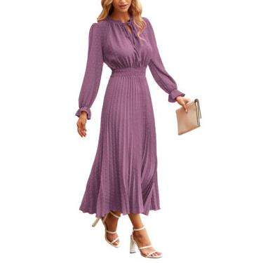 Imagem de Vestido PRETTYGARDEN Primavera Outono Midi Decote V Poá Roxo G