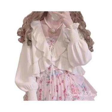 Imagem de Cardigã De Tricô Cropped Com Renda Em Coração Estilo Lolita Kawaii, Su