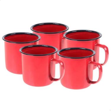 Imagem de Kit Jogo 5 Caneca Esmaltada 350ml Grande Chá Café Vermelha Cozinha Met