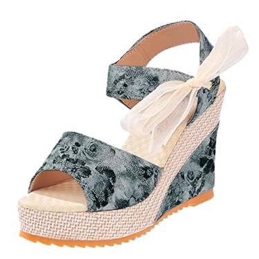 Imagem de Sandálias de flores da moda sapatos de plataforma de cadarço femininos sapatos anabela femininos sandálias femininas de salto baixo para mulheres slip-on (preto, 7)