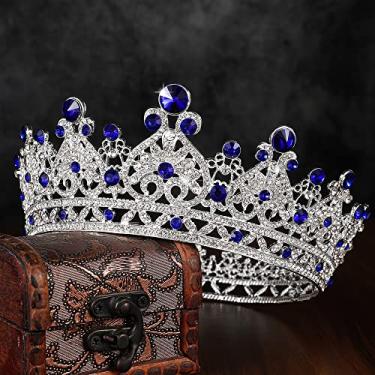 Imagem de Coroa de rainha de safira e tiara para mulheres e meninas, fantasia de coroa de princesa barroca completa de strass para casamento, aniversário, festa de formatura, concurso de Halloween (prata e azul)
