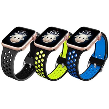 Imagem de BlackPro Pulseira de relógio Apple para crianças, pulseira de silicone à prova d'água para meninos e meninas, compatível com Apple Watch séries 7/6/5/4/3/2/1/SE 38 mm, 40 mm, 41 mm e 42 mm, 44 mm, 45 mm (42/44/45 mm, preto e verde + preto e azul)