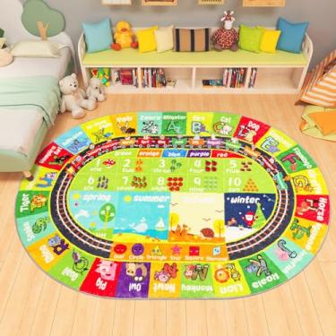 Imagem de AKASISRUG Tapete infantil ABC, tapete educativo oval 100 cm × 149 cm, alfabeto animal, número mês, estação antiderrapante, TPR Playroom