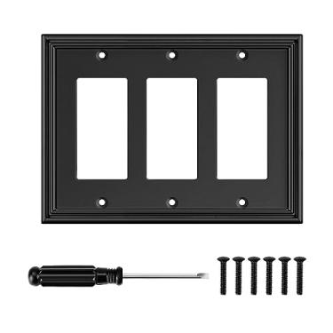 Imagem de Placa de parede decorativa moderna preta para interruptor de luz decorativa capas de saída para interruptor de balancim placas de parede de material de fibra de bambu para cozinha banheiro (3 gangs decorador triplo - 1 pacote)