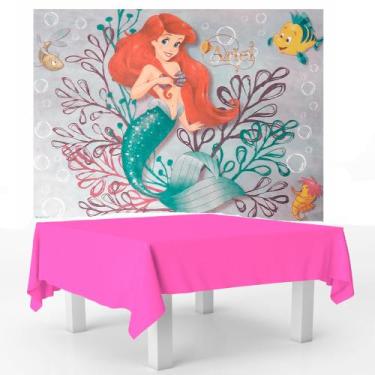 Imagem de Kit festa Ariel Decoração Toalha Rosa + Painel TNT 1,40m - Piffer