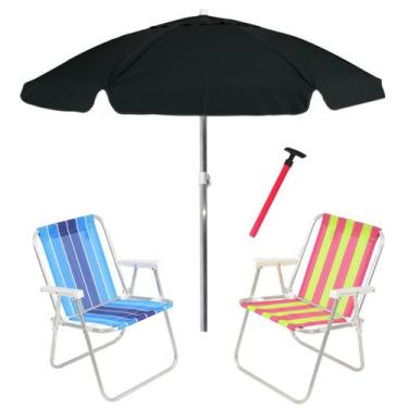 Imagem de Kit Praia 2 Cadeira Alta Guarda Sol 2m Bagum Preto Saca Areia Pressão 