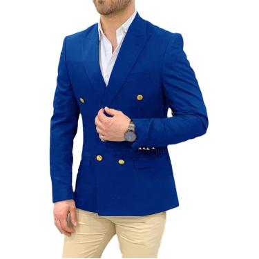 Imagem de Blazer masculino de casamento azul marinho, terno de cavalheiro, botões dourados, casual, slim fit, casaco duplo breasted, azul, xs