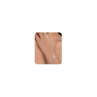 Imagem de Jumwrit Pulseira de anel de strass, corrente de mão, anel de dedo, pulseira de tênis, corrente escrava, arnês de mão com anel para mulheres e meninas (prata)