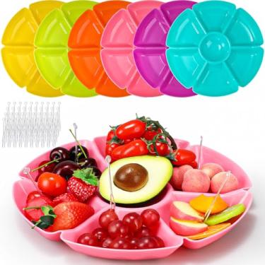 Imagem de Zhehao 6 bandejas de plástico divididas com 60 peças de garfo descartável, 7 compartimentos de prato redondo com lascas, prato em forma de pétala, prato de 26 cm para festas, doces e frutas (cor