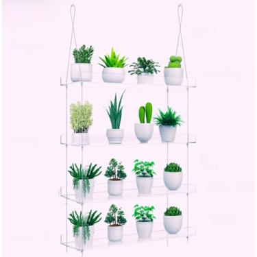 Imagem de Prateleiras de plantas suspensas para janelas – 4 camadas para plantas de interior ou jardim de ervas – Suporte de acrílico para pendurar plantas dentro de casa com corda de aço para suas plantas de