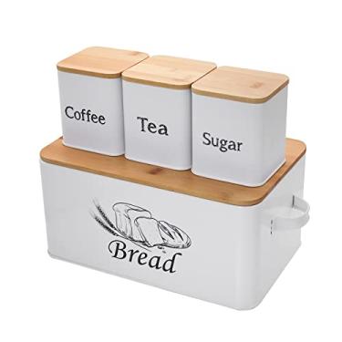 Imagem de SOTECH Caixa de Pão com 3 Potes de Café, Açúcar, Chá para Bancada de Cozinha, Caixa de Pão de Metal com Tampa de Tábua de Bambu, Conjunto de Recipientes para Armazenamento de Massa ()