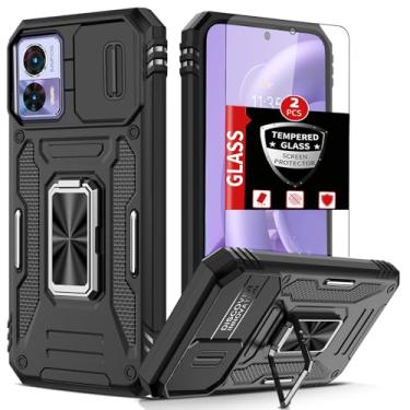 Imagem de FRLMOOES Capa para Motorola Edge 30 Neo com 2 protetores de tela de vidro temperado, com anel de suporte e capa de câmera deslizante, para Motorola Edge 30 Neo, capa de proteção de grau militar à