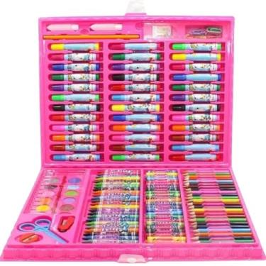 Imagem de Kit Escolar Maleta de Pintura Infantil 150 Peças, Rosa, com Canetinhas, Lápis de Cor, Giz de Cera e Aquarela, Meninas e meninos, Material Escolar