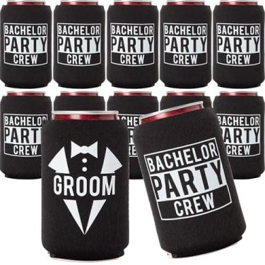 Imagem de Groom and Bachelor Party Crew Squad Bachelor Party Can Coolers, conjunto de 12 biscoitos brancos e pretos para latas de cerveja, decorações perfeitas para despedida de solteiro e como presentes para