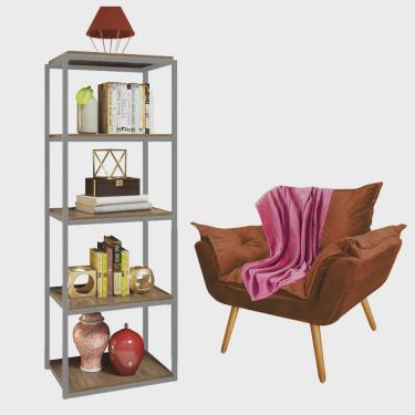 Imagem de Kit Poltrona Fatte com Manta Soft e Estante Livreiro Ferro Cinza mdf Rústico Suede Terr...