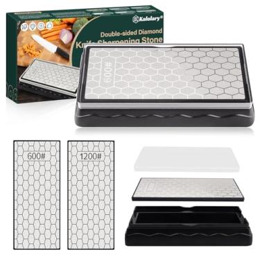 Imagem de Pedra de amolar diamante de dupla face, pedra de amolar Kalolary placa de superfície de colmeia com base antiderrapante para tesouras, facas de cozinha ao ar livre, ferramentas de afiar (grão 600/1200