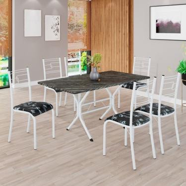 Imagem de Conjunto Sala De Jantar Mesa Retangular 140x75cm Tampo Pedra Ardósia Indiana 6 Cadeiras Paraty Preto Floral - Branco