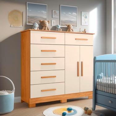 Imagem de Cômoda Para Quarto Infantil 6 Gavetas 2 Portas Carvalho Grife Off White Xiling Shop Jm