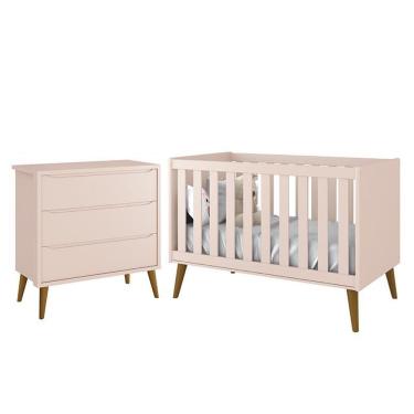 Imagem de Jogo De Quarto Infantil Theo Retrô Cômoda 3 Gavetas E Berço Rosa Fosco Com Pés Amadeirado - Reller Móveis Rosa Fosco
