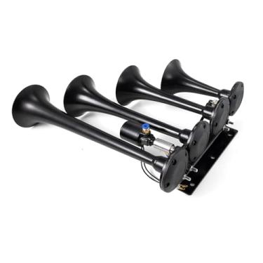 Imagem de AOLIHAN Buzina De Trem Para Caminhões, 4 Trompetes, 150 Db, Ar, Super Alto, 12 V/24 V, Com Solenoide Elétrico, Universal, Caminhão, Carro, Picape, Jipe, Veículo, Preto