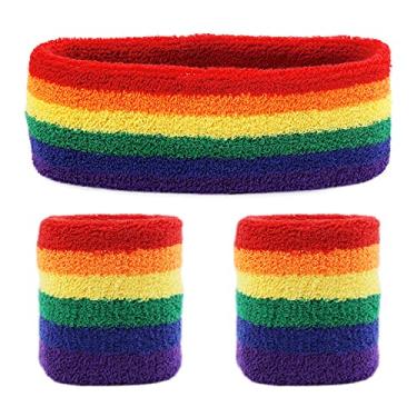 Imagem de ASTER Conjunto de 3 peças de faixas de transpiração de arco-íris esportivas, faixas de transpiração coloridas de algodão para homens e mulheres, faixas atléticas para basquete, tênis, malhar