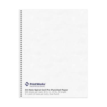 Imagem de PrintWorks Papel espiral pré-perfurado profissional para encadernação - 44 furos (furador de passo 4: 1) - Papel para impressora de encadernação - Feito nos EUA - 500 folhas - 21,6 cm x 28 cm - 11,9