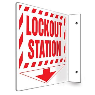 Imagem de Accuform Placa de projeção PSP431 90D, estação de bloqueio", painel de 20 x 30 cm, plástico de alto impacto de 0,3 cm de espessura, orifícios de montagem pré-perfurados, vermelho sobre branco