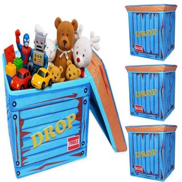 Imagem de Skywin- Caixa de Saque de Tecido Grande, Caixa de Armazenamento com 4 Unidades com Tampa 18”X14”X14” Caixa de Suprimentos Empilhável e Dobrável, Caixa Dobrável, Caixa de Depósito D (Grande, Azul)