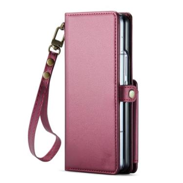 Imagem de HAOMRIYL Capa carteira para Samsung Galaxy Z Fold 7, capa flip de proteção à prova de choque com compartimentos para cartão e alça de pulso capa de couro retrô, vermelha, ZFOLD 7