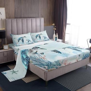 Imagem de jejeloiu Jogo de lençol Queen com tartaruga marinha, oceano, litoral, praia, réptil, coral com bolso alto, para meninos e meninas, adolescentes