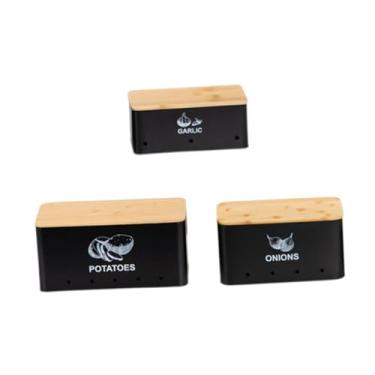 Imagem de Generic 3 peças de latas de armazenamento de vegetais de cozinha em aço carbono para armazenamento de cebola, batata e cebola, organizador de despensa para, Preto