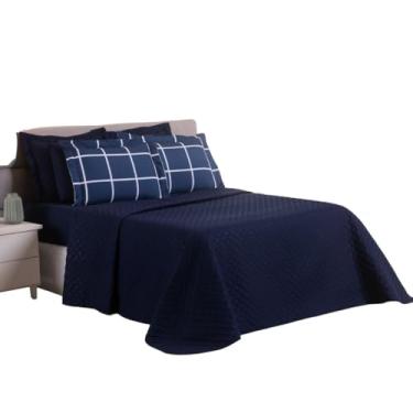 Imagem de Colcha Cocha Cobre Leito Jogo Roupa Cama Casal Queen 5 Peças Matelado Macio Dupla Face Luxo Linha Marinho