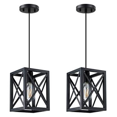 Imagem de Dolaimy House Pacote com 2 1 luminária rústica fazenda 16,5 cm gaiola de lanterna de losango de metal mini cozinha ilha pingente luminária acabamento preto para mesa foyer sobre pia sala de jantar