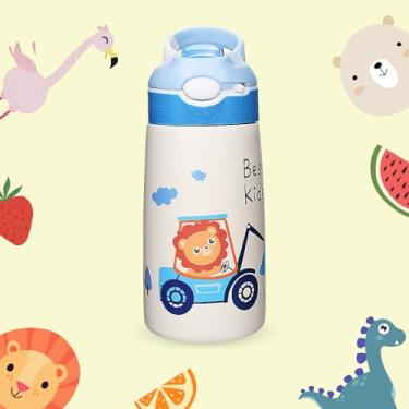 Imagem de Garrafa térmica infantil com canudo e trava de segurança antivazamento, Garrafinha aço inoxidável, 400ml, desenho Leão - LionLemon Store