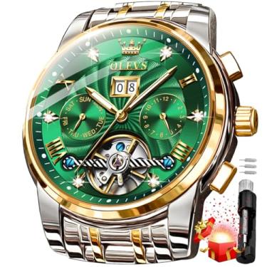 Imagem de OLEVS Relógio de pulso masculino automático, dourado, luxuoso, diamante, corda automática, esqueleto, turbilhão, aço inoxidável, 9910: dourado-verde, relógio mecânico automático