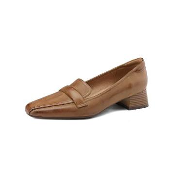 Imagem de TinaCus Sapato mocassim feminino casual de salto baixo grosso feito à mão de couro legítimo com bico fino, Marrom, 35