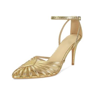 Imagem de SOVANYOU Sandálias femininas de salto alto com bico fino, tira no tornozelo, salto confortável, salto alto para festa de formatura de casamento, Dourado, 40