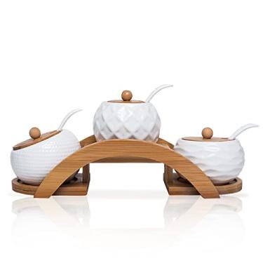Imagem de Pote de condimento de porcelana com tampas e bandeja de bambu, colher de servir de cerâmica, conjunto de 3, branco, 170 ml (165 ml), armazenamento perfeito de temperos para casa, cozinha