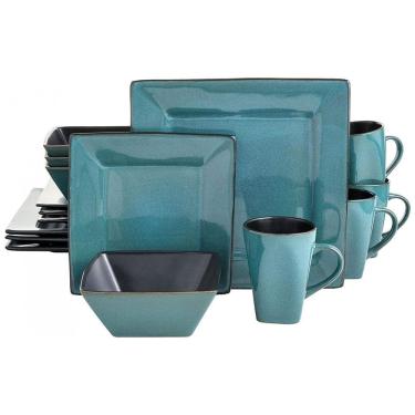 Imagem de Aparelho de Jantar com 16 Peças Quadradas em Cerâmica, Gibson Elite Kiesling, Azul Turquesa
