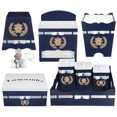 Imagem de Kit Higiene Bebê Menino Urso Ramo com 8 Peças em Madeira Mdf Decorado 
