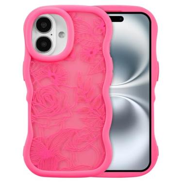 Imagem de XIZYO Capa para iPhone 16, linda flor floral ondulada rosa estética, moldura ondulada encaracolada mulheres meninas fosco TPU bumper à prova de choque, rosa choque fosco