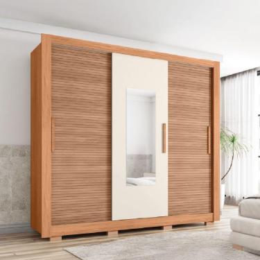 Imagem de Guarda Roupas Casal com Espelho Ripado Impressão 3D 3 Portas de Correr 2 Gavetas Paris Caemmun