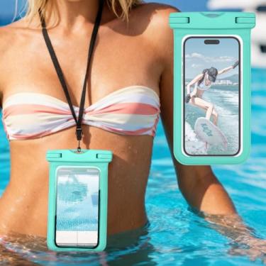 Imagem de Bolsa de telefone universal à prova d'água com cordão flutuante bolsa seca para natação, snorkel, rafting, praia, caiaque, verde