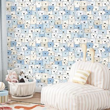 Imagem de EPPKILY Papel de parede de cachorro azul/branco/bege, descasque e cole fofo filhote de cachorro papel de parede para quarto de crianças, paredes de casa de bonecas, 44,5 x 259,1 cm, papel de contato