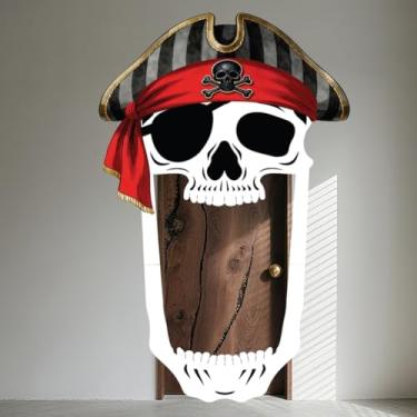 Imagem de WADORN Banner de alpendre de porta de caveira pirata, 1,5 x 2,8 m, decoração de pano de fundo de festa pirata, chapéu de capitão, caveira, fotografia de fundo, faixa suspensa para caça ao tesouro de